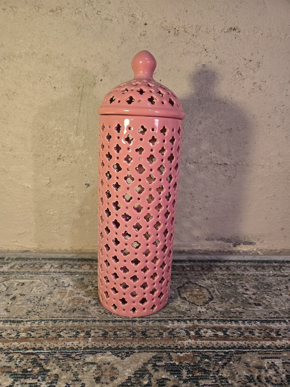 Cut-Out Glossy Ceramic Decorative Lidded Jar Tall Pink Chip On Lid